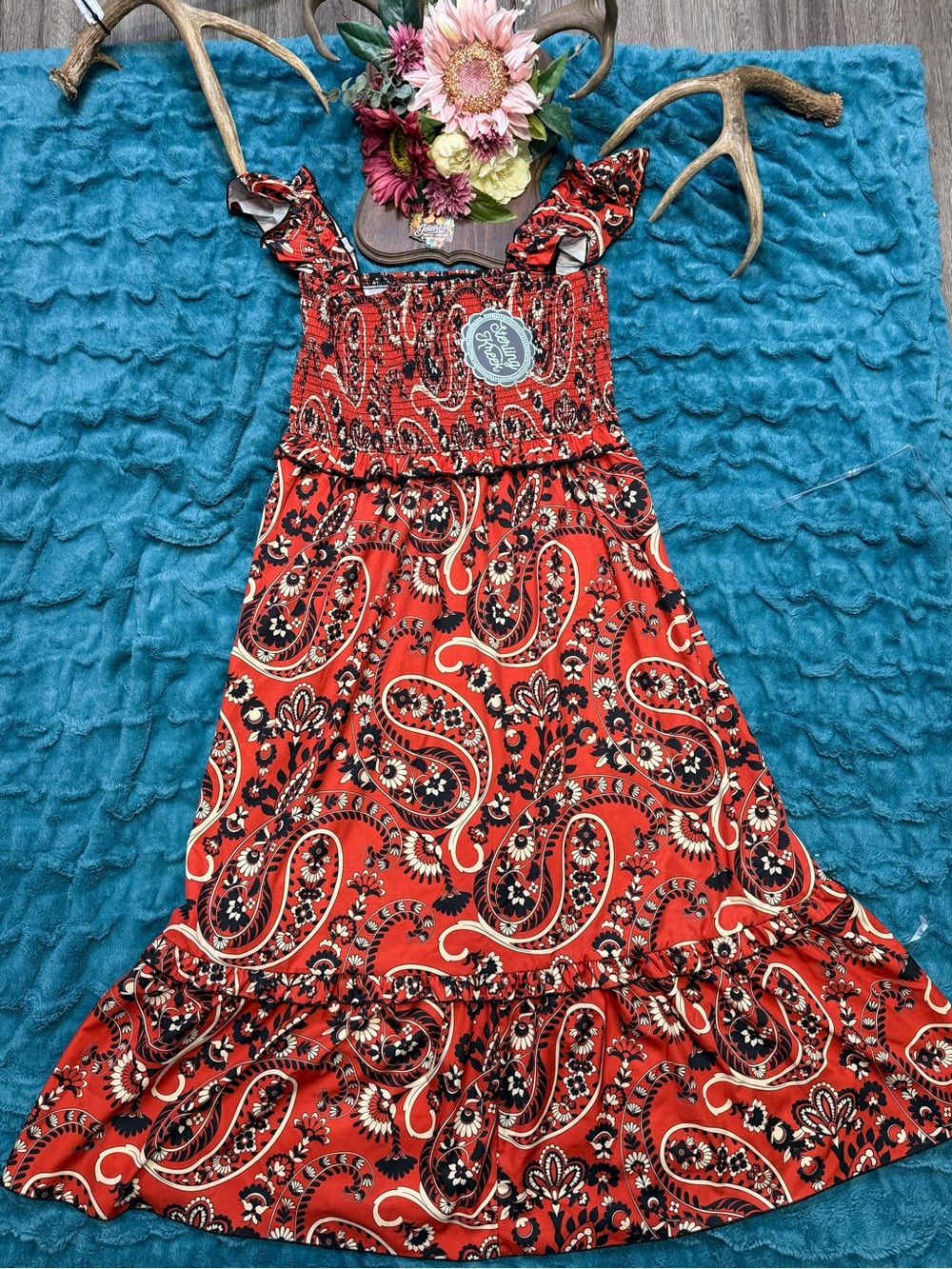 Sterling Kreek Paisley Smocked Maxi Dress Western Boho Cowgirl NWT